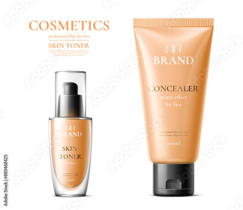 Concealer tube and skin toner bottle package women cosmetic product template, marketing advertising. Isolated realistic 3d vector cosmetics packaging mockup for beauty routine, provides a matte effect