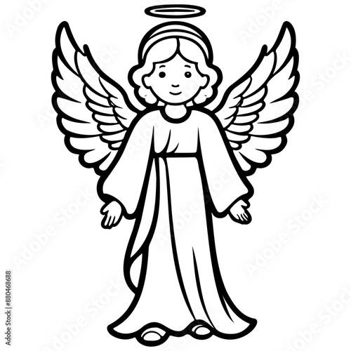 Black angel engrave hand drawn line illustration, transparent background
