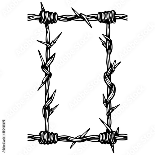 Black barbed wire monochrome outline drawing, realistic tattoo painting on transparent background