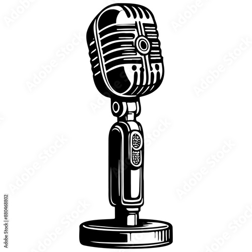 Black cartoon microphone drawing, vintage line illustration, vector image