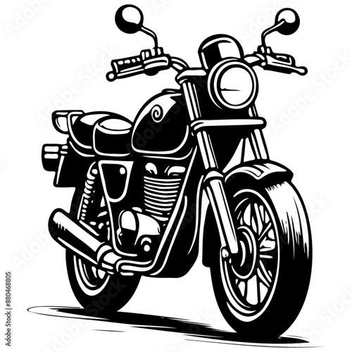 Black cartoon motorcycle black hand drawn line illustration, transparent background