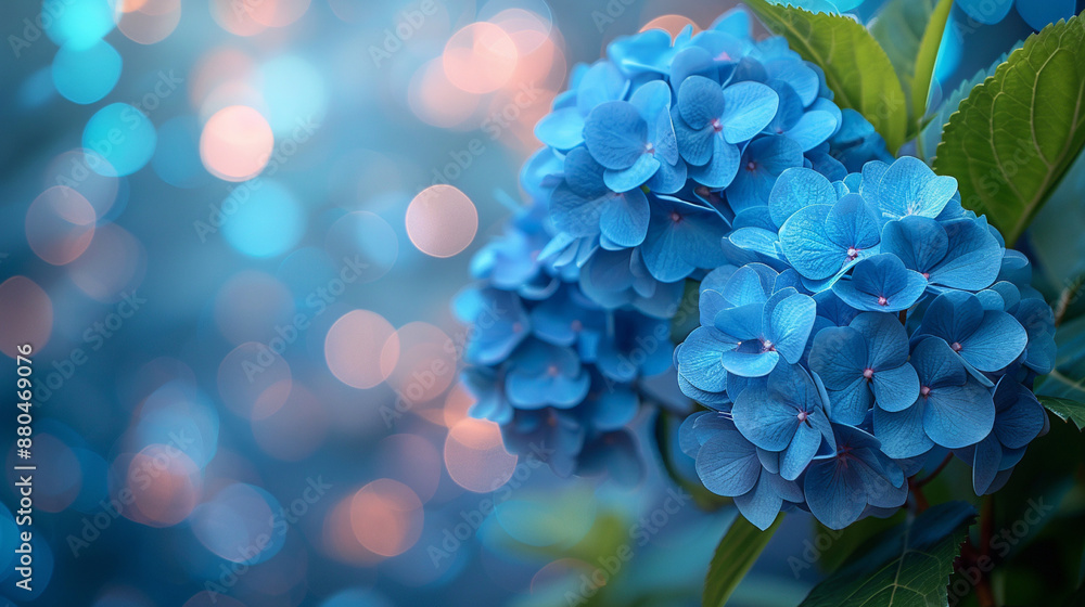 Blue hydrangea closeup with bokeh background, text area. Blue hydrangea closeup with bokeh background, text area.