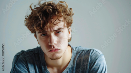 Portrait of an unhappy young man, studio shot with copy space. photo