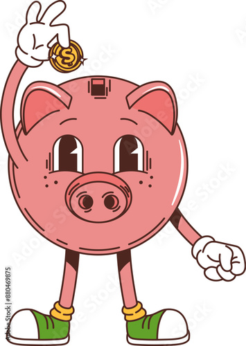 Retro groovy piggy bank character holding a coin and wearing sneakers, representing savings and finance. Isolated cartoon vector pink pig moneybox personage with a cheerful face, collecting money