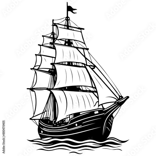 Drawing ship engraving drawing of black silhouette, monochrome
