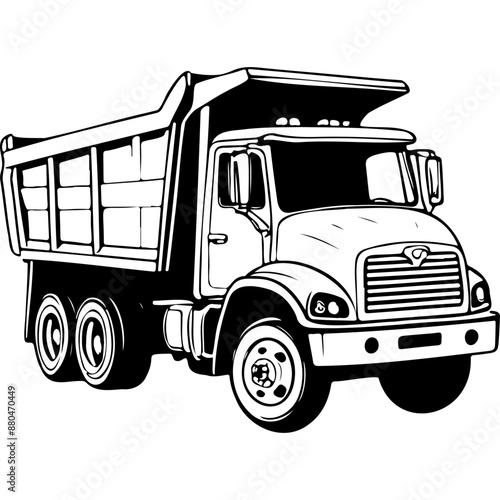 dump truck engraving drawing of black silhouette, monochrome isolated artwork