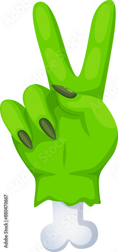 Cartoon Halloween zombi hand emoji. October celebration spooky monster palm sticker, Halloween festive or autumn season holiday scary smartphone emoji vector icon or zombi hand shoving victory gesture