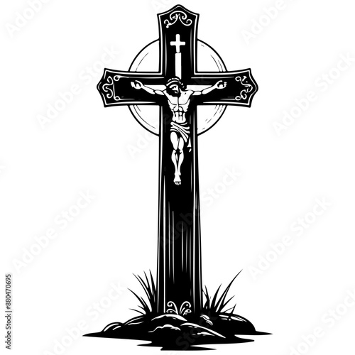 Engrave cross hand drawn line illustration, transparent background