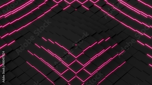 Black cubes with red neon lighting, wave motion, corporate abstract background, mosaic pattern, seamless looped animation. Concept tech, business, big data. 3D render