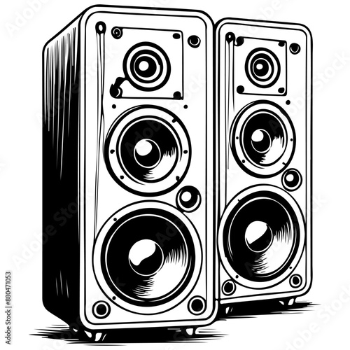 Ink cartoon speakers drawing, realistic hand drawing line art, pencil sketch, isolated