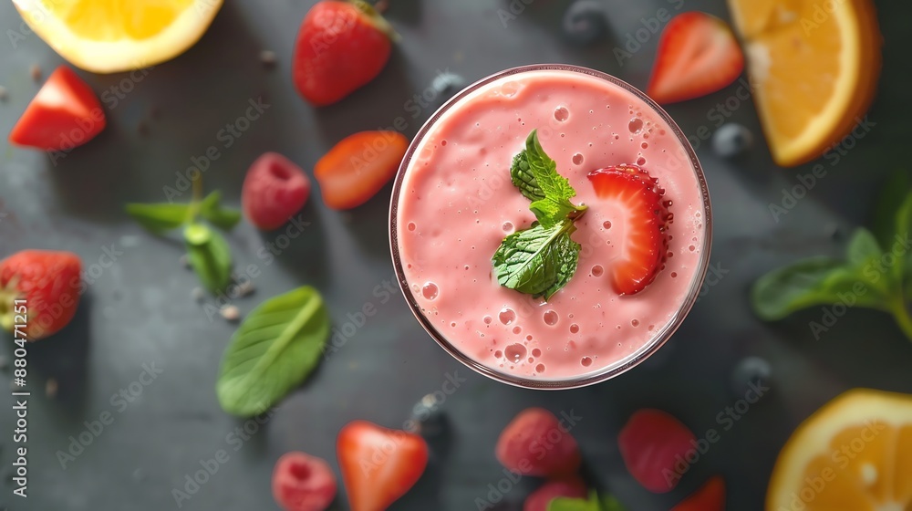 A smoothie made with a variety of fresh fruits, including strawberries, raspberries, kiwi, and banana. A smoothie made with a variety of fresh fruits, including strawberries, raspberries, kiwi, and banana.
