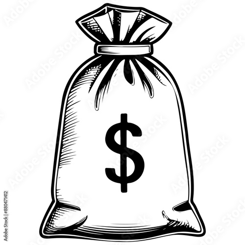 money bag monochrome outline drawing, realistic tattoo painting on transparent background