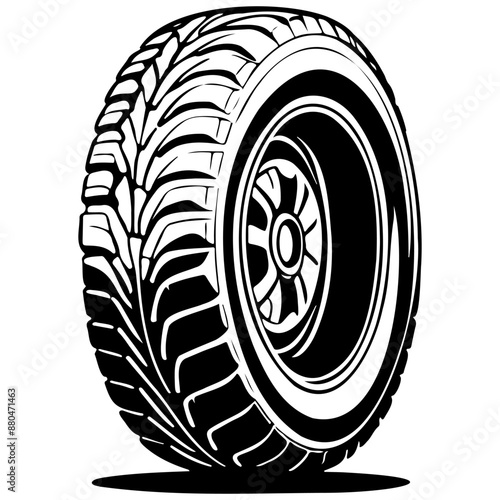 Monochrome cartoon tire engrave hand drawn line illustration, transparent background