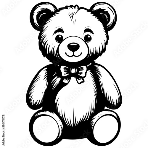 Monochrome cartoon teddy bear drawing, black line vector, isolated line