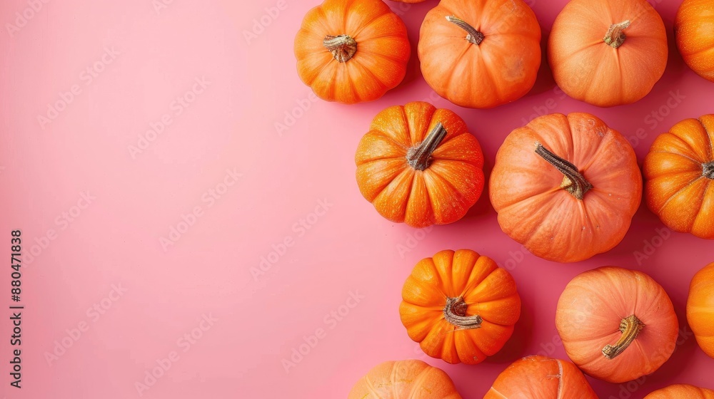 Arrangement of pumpkins on soft pink backdrop for autumn fall and Halloween themes with space for text viewed from above Arrangement of pumpkins on soft pink backdrop for autumn fall and Halloween themes with space for text viewed from above