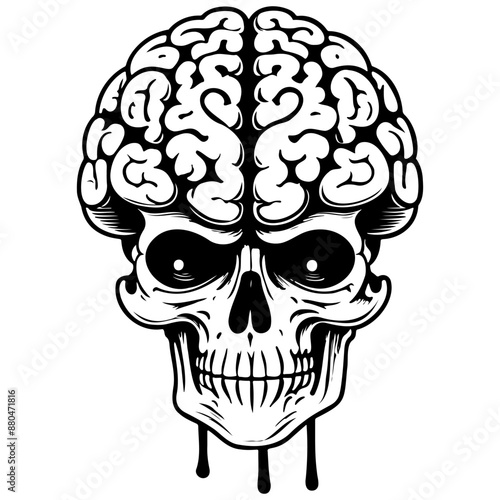 Vector cartoon brain monochrome outline drawing, realistic tattoo painting on transparent background