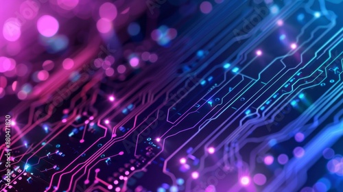 Futuristic blue and purple technology background with abstract circuit board patterns, ideal for high-tech themes, innovation concepts, and modern digital designs