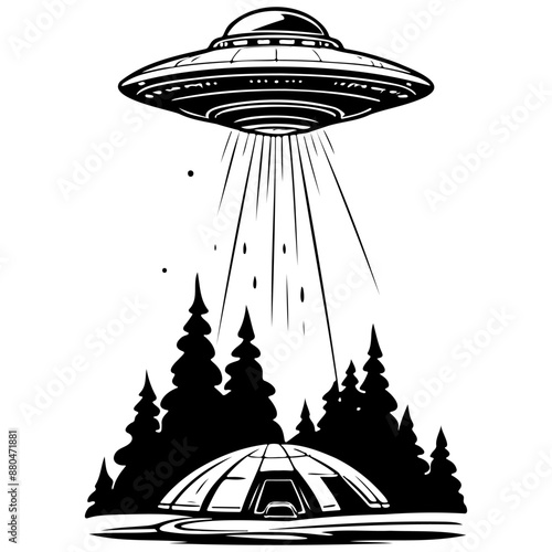 Vintage ufo drawing, outline cartoon line, vector engraving with transpiderarent background