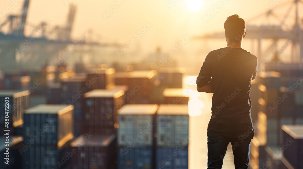 Fototapeta premium A silhouette of a logistics manager stands against the backdrop of a busy container port, coordinating transportation efforts with ample copy space.