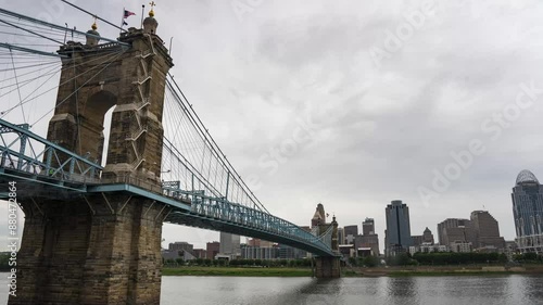 A timelapse of Cincinnati's skyline from Kentucky, featuring the John A. Roebling Suspension Bridge. Flag blowing in wind. photo