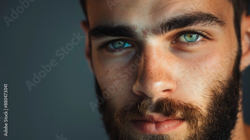 Close up of a man's face with blue eyes and a beard.