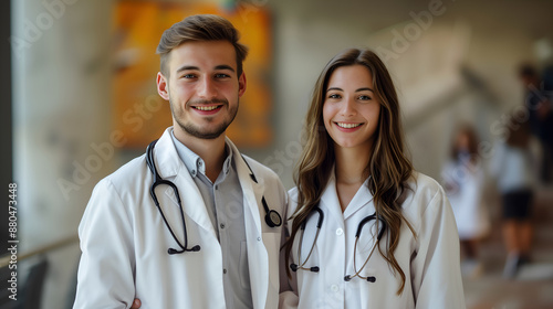 young doctors woman and man standing together smiling, white suits