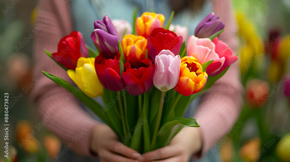 A vibrant bouquet of tulips in various colors, including red, yellow, pink, and purple, held by a person in a blurred background. A vibrant bouquet of tulips in various colors, including red, yellow, pink, and purple, held by a person in a blurred background.