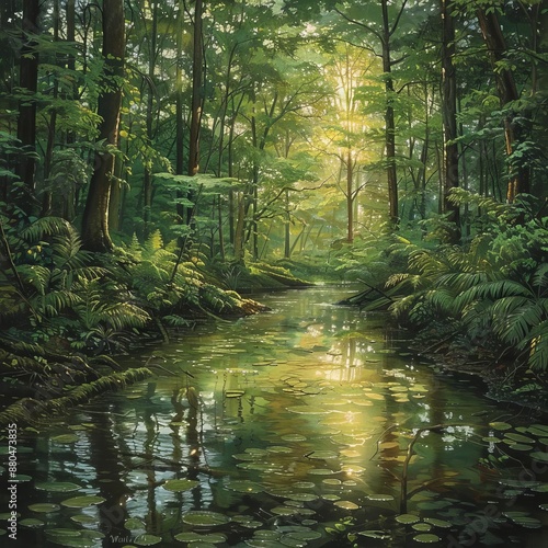In the tranquil embrace of nature, dew-kissed leaves shimmer in the gentle light of dawn, their verdant hues painting a serene tableau of life in the forest. © InkCrafts