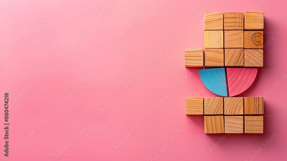 Wooden blocks with a circular graph on a pink background, showing market share distribution and business analysis Flat lay High quality, no realistic photo details Wooden blocks with a circular graph on a pink background, showing market share distribution and business analysis Flat lay High quality, no realistic photo details