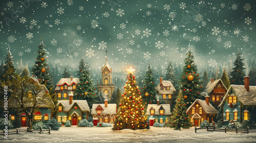 Enchanting Christmas Poster Featuring Whimsical Winter Village And Snow © PixelFusion Creation