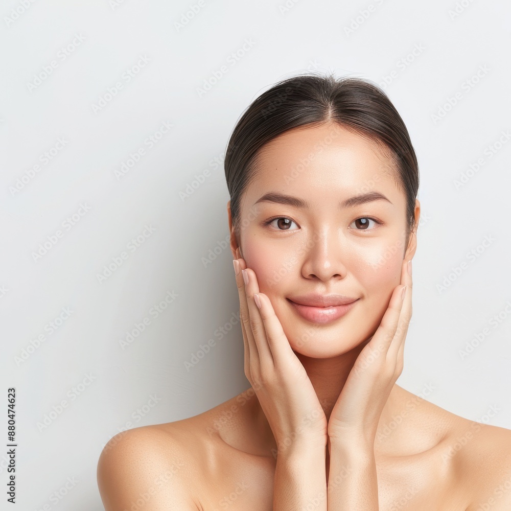 An Asian woman in a half-body view, with visible arms, applying a soft blush to her cheeks. The background is isolated on a white background in a high-resolution photographic style. An Asian woman in a half-body view, with visible arms, applying a soft blush to her cheeks. The background is isolated on a white background in a high-resolution photographic style.