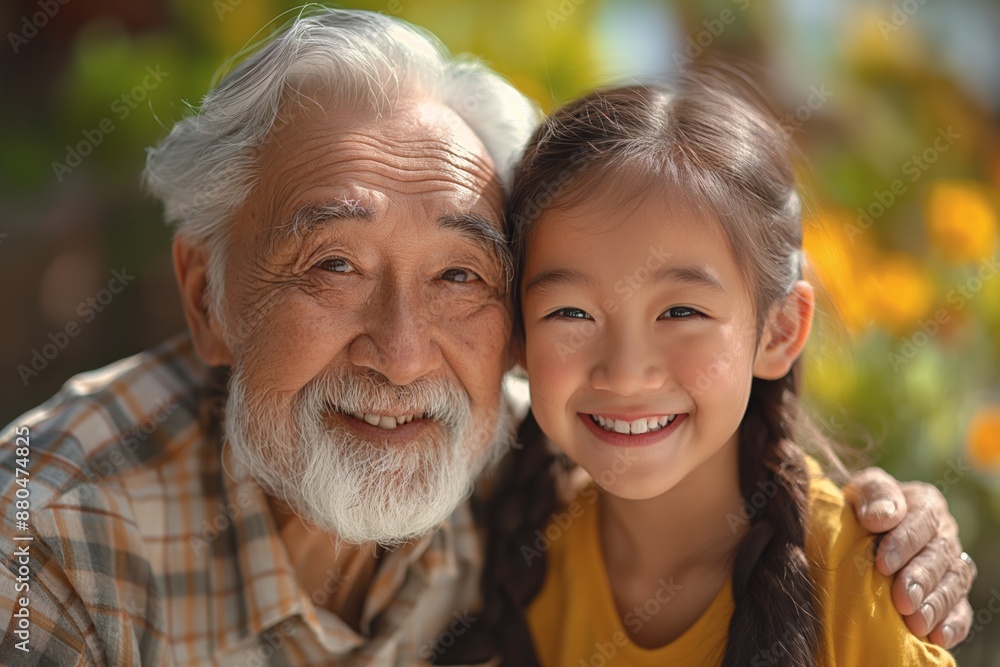 Fototapeta premium Happy moment between a grandfather and his granddaughter, smiling together outdoors.