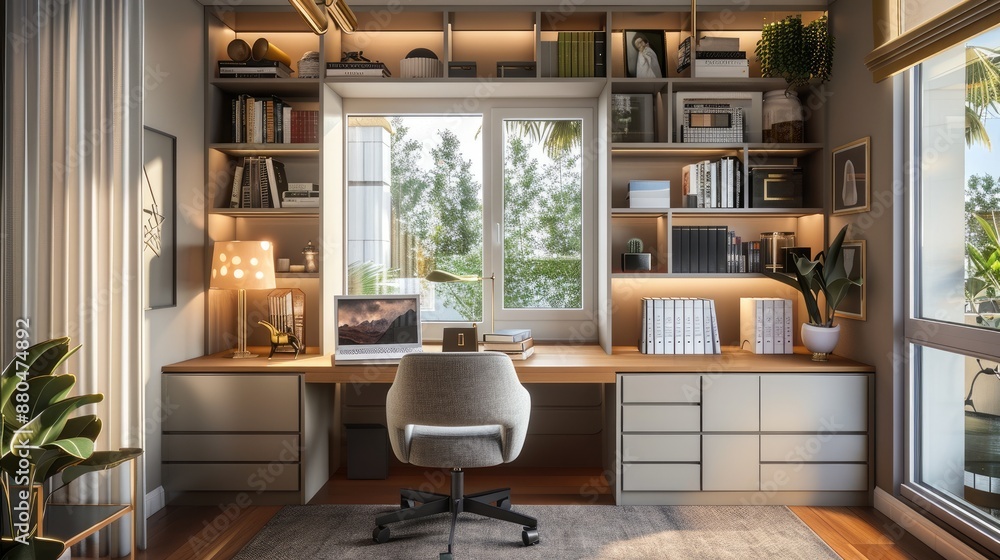 Fototapeta premium A stylish home office with a modern desk, an ergonomic chair, built-in shelves filled with books and decor, and a large window that brings in natural light.