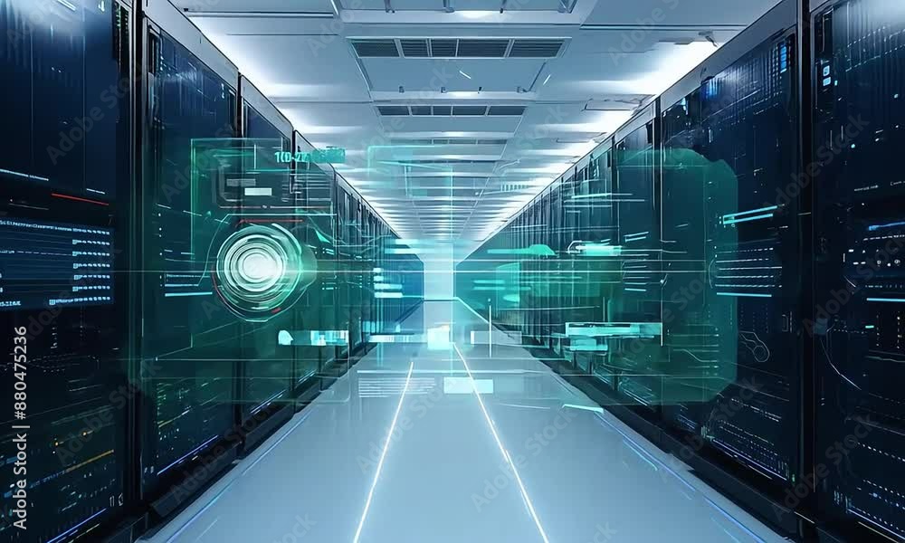 Hightech data center with server racks digital connections ...
