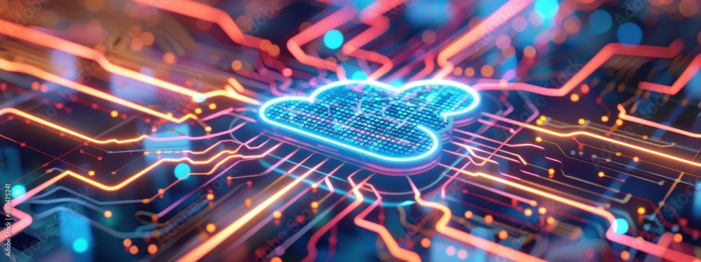 Animation of servers and their integration into cloud computing, depicted in a data center with flowing energy and light signals. Animation of servers and their integration into cloud computing, depicted in a data center with flowing energy and light signals.