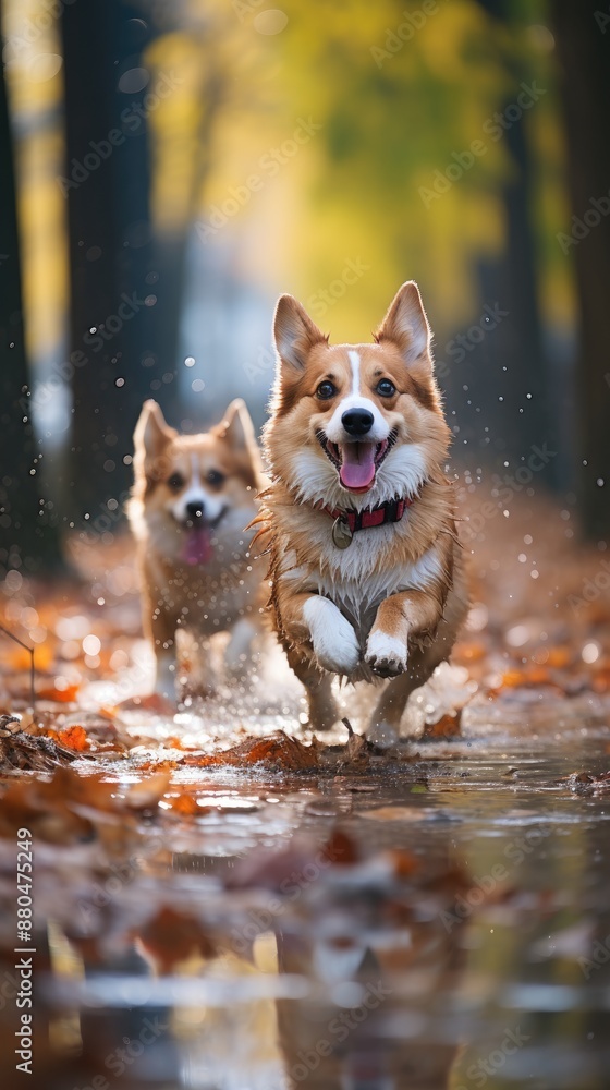 two dogs running in the park, one has a tag on his collar. two dogs running in the park, one has a tag on his collar.