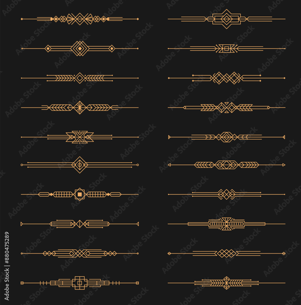Naklejka premium Golden art deco dividers, menu border frames. Vector set of elegant ornamental decorative elements. Refined gold luxurious, symmetrical linear patterns, underlines or headers. Art deco embellishments
