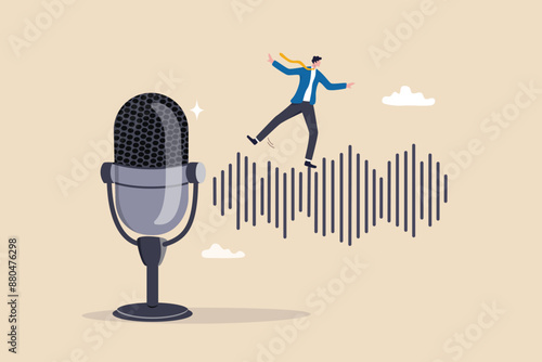 Podcast listening, microphone broadcasting with knowledge learning, personal development or voice communication to success concept, businessman walking on sound wave from podcasting microphone.