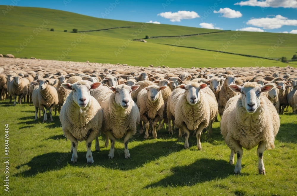 Fototapeta premium Large group of sheep graze on green pasture and grassy hillside under bright blue sky