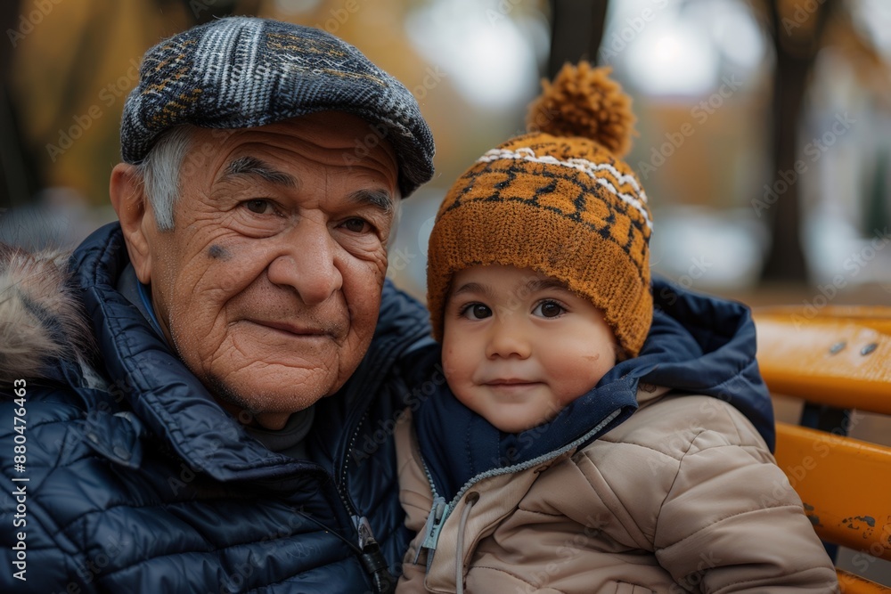A heartwarming painting of a grandfather and grandson smiling together in an outdoor setting. A heartwarming painting of a grandfather and grandson smiling together in an outdoor setting.