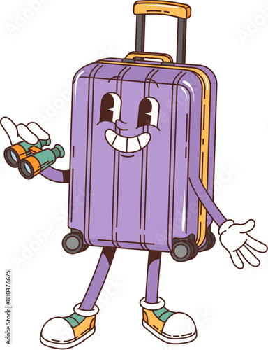 Retro groovy travel suitcase character with a cheerful face, holding binoculars and wearing sneakers, ready for an adventure. Isolated cartoon vector purple luggage vintage personage with a wide smile