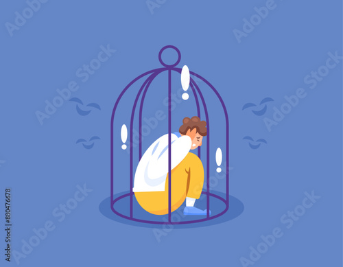 concept of anxiety with the outside world. constrained and confined. stuck in a comfort zone. afraid of the surroundings. illustration of a man sitting scared in a cage. flat style design. graphic 