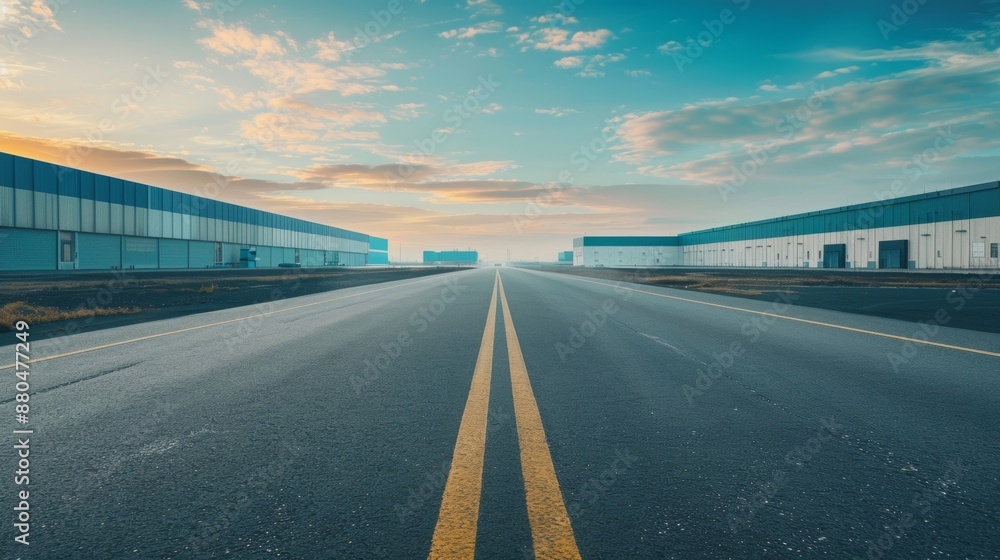 Fototapeta premium Wide empty road flanked by two tall buildings