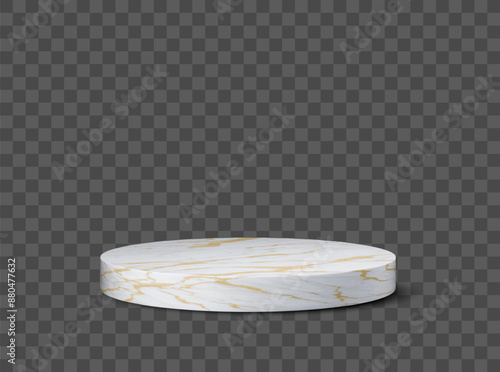 Marble stone podium stage, round platform. Isolated 3d vector mockup of marble pedestal with a circular shape, realistic texture with white and gold veining. Luxury, empty exhibition or award base