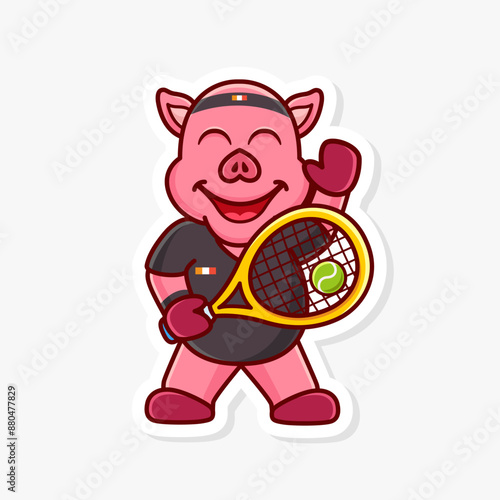 Pig doing backhand in a tennisball game, cute cartoon character of animal doing sport.