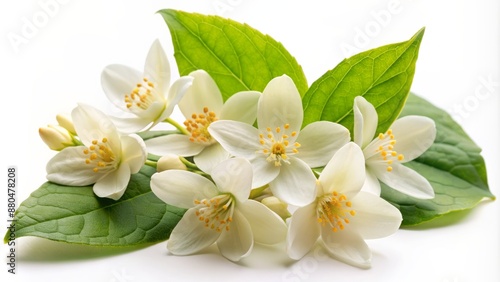 Delicate green jasmine flowers with intricate petals and subtle natural shadow isolated on pure white background for culinary design inspiration.