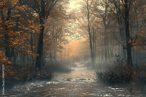 Serene Halloween forest scene with gentle river and dark pastel leaves © ULTRAWORKS