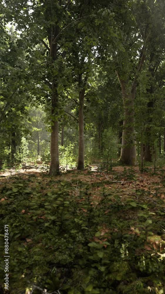 Thick dark forest with moss and sun rays shining trough Thick dark forest with moss and sun rays shining trough