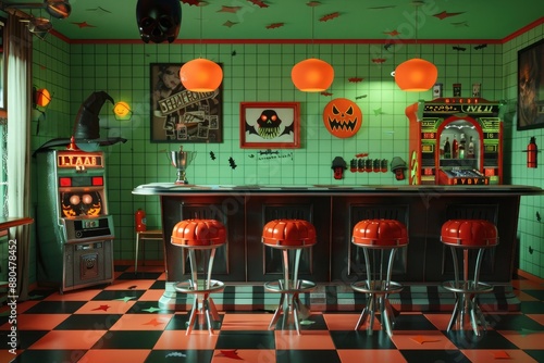 Retro Halloween diner with checkered floors, red bar stools, and jukebox