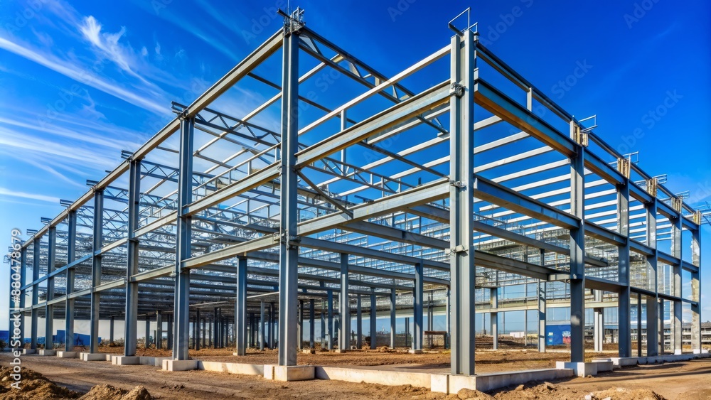 Modern industrial metal framework of a large building under construction with intricate beams and columns against a blue sky background. Modern industrial metal framework of a large building under construction with intricate beams and columns against a blue sky background.